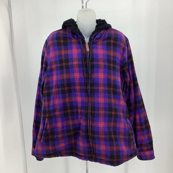 LL Bean Women’s Scotch Plaid Flannel Sherpa Lined Shirt Jacket Purple Black 2X - Picture 6 of 13